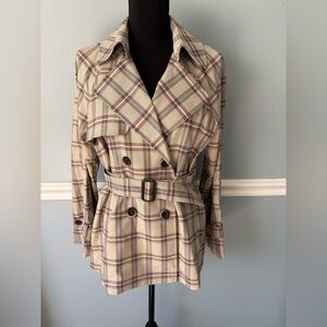 ROEM Beige Plaid Double-Breasted Trench Coat